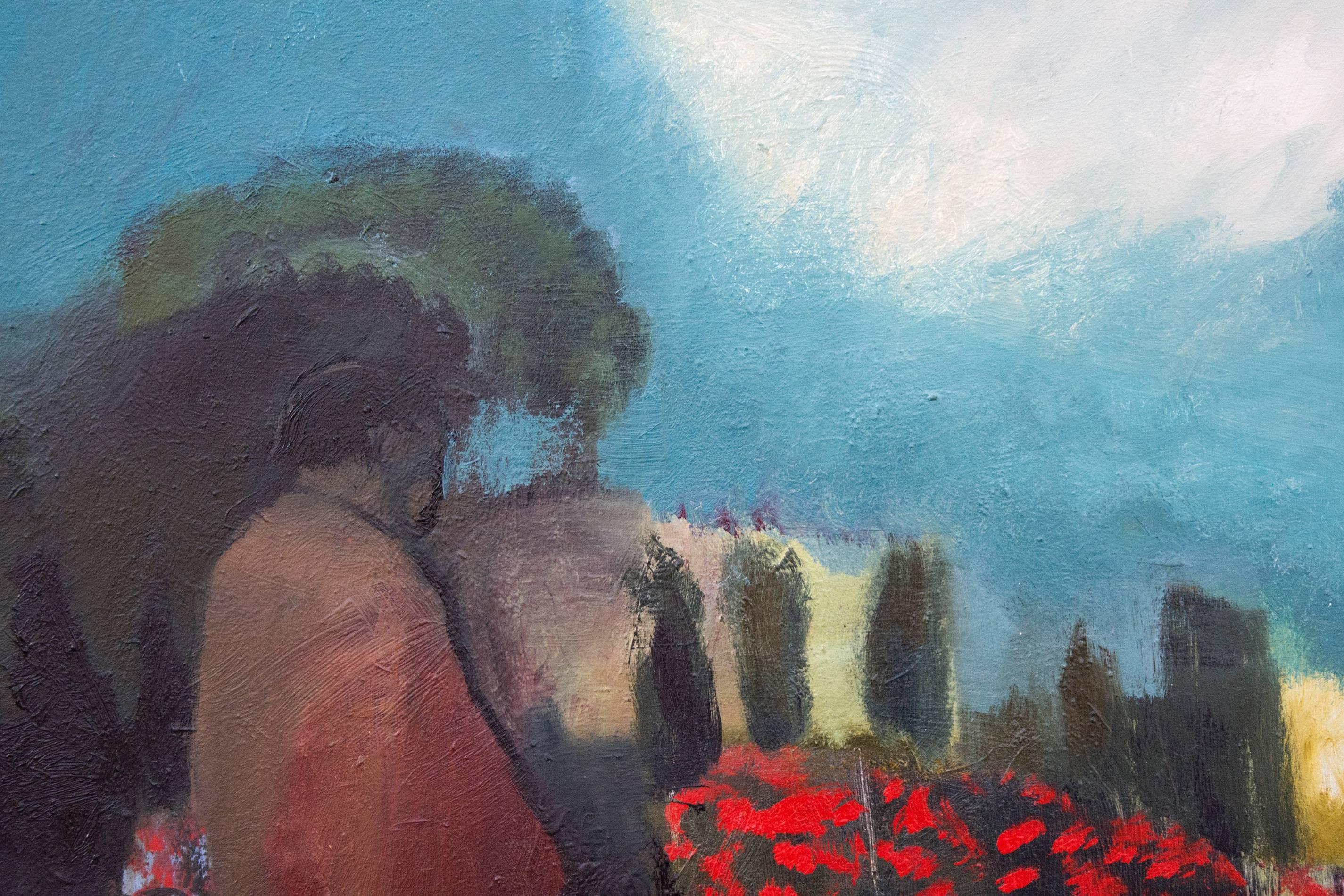 A hunched person in a coat and hat, depicted in painterly passages of moss green, grey, and black walks past a tall figure in red, red flowers and an exciting bicycle in this oil painting on canvas. The picture plane of the layered, almost square