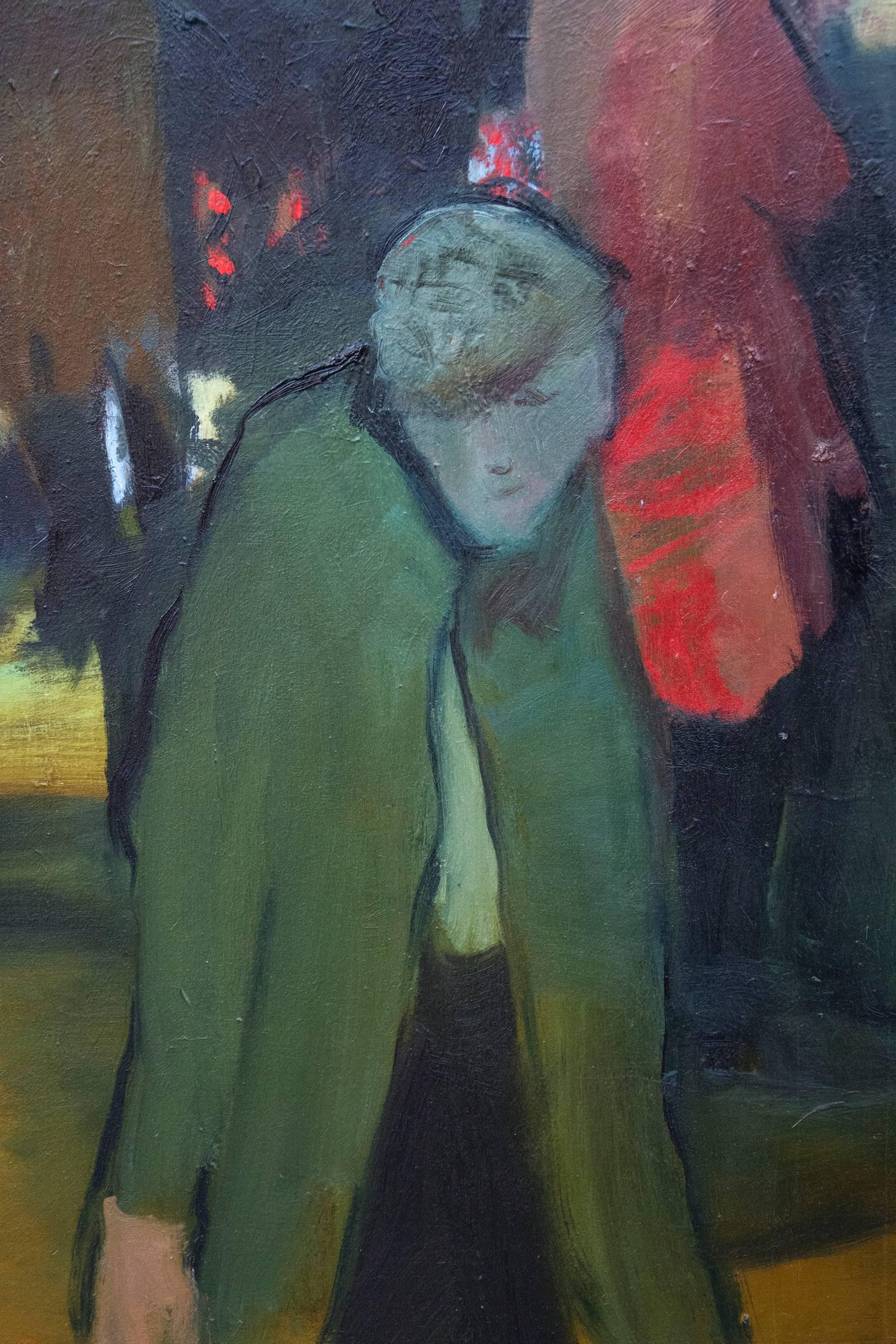 Stroll II - Large, green, blue, red, man and woman, figurative, oil For Sale 1