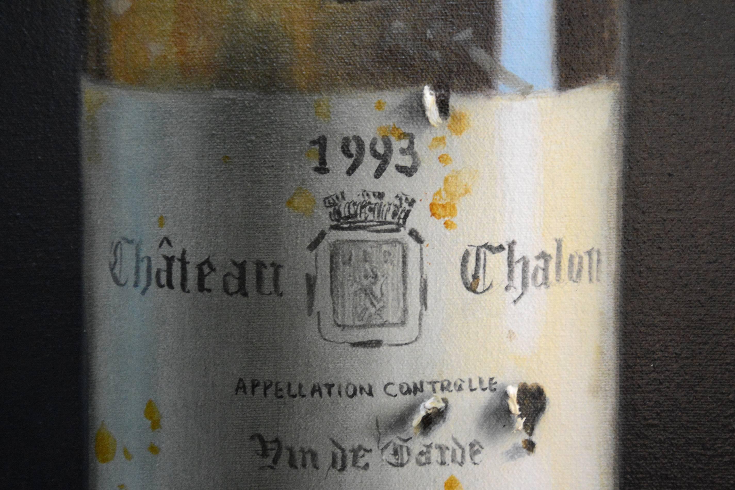 Chateau Chalon 1993 - rustic, vivid detail, realist, still-life oil on canvas - Black Still-Life Painting by Ciba Karisik