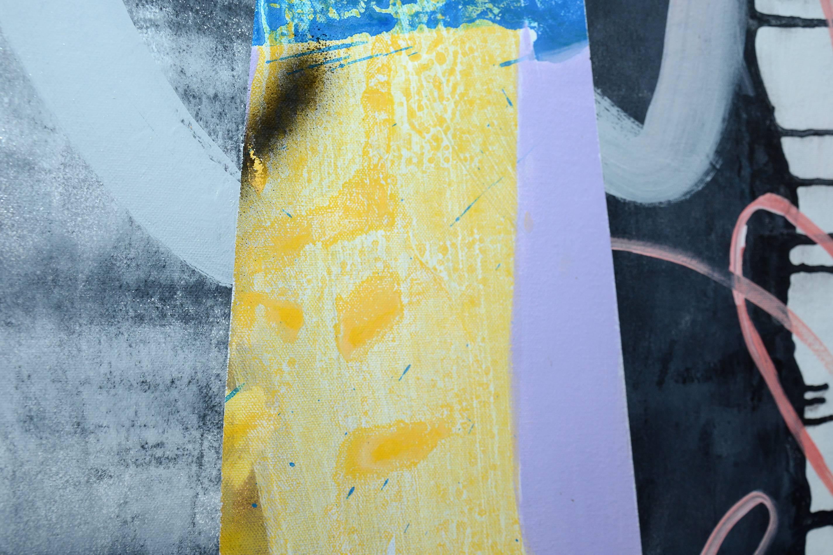 Casa di carta - vivace, astratto, collage, acrilico e vernice spray su tela - Painting Astratto di Fiona Ackerman