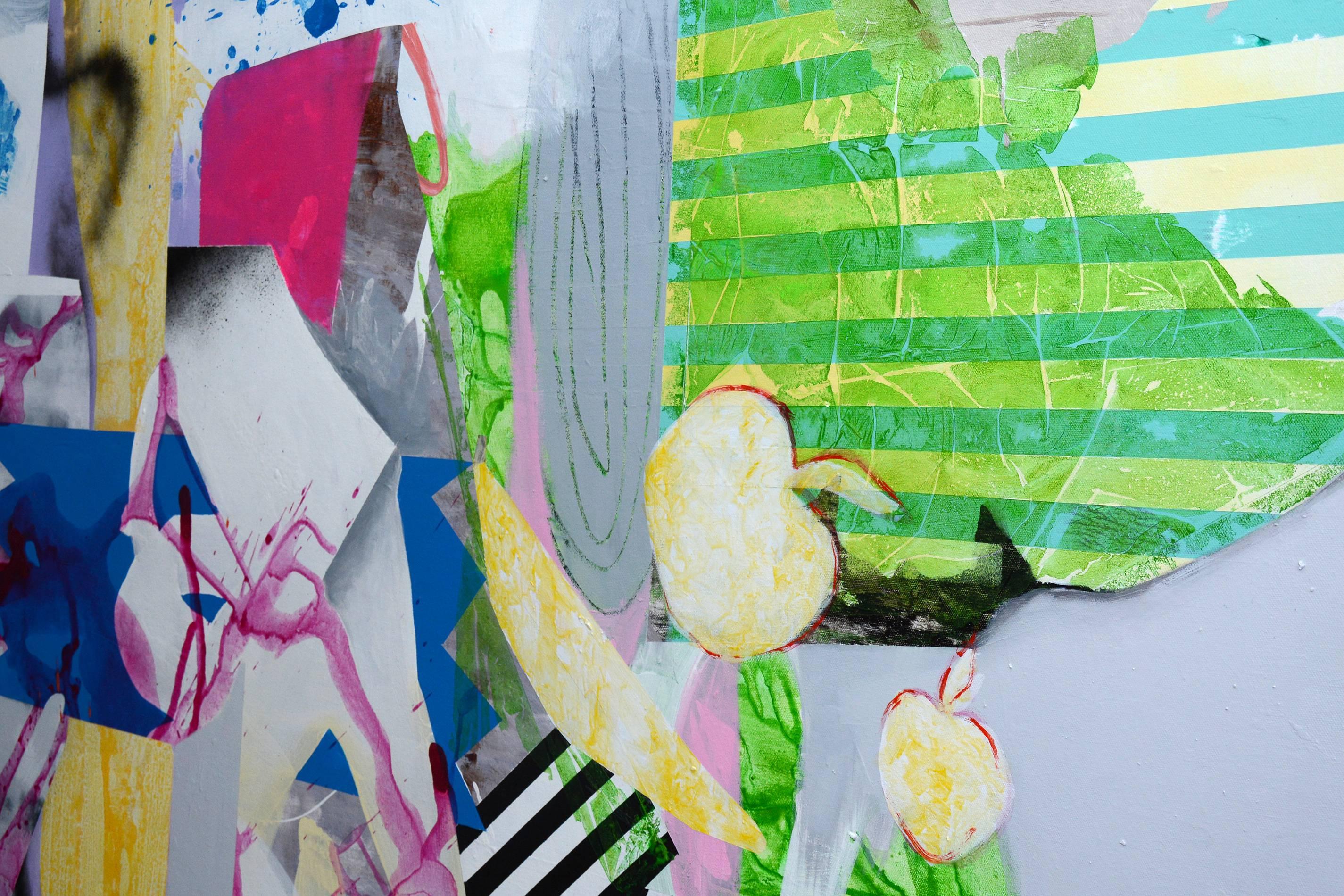 Paper House - lively, abstracted, collage, acrylic and spray paint on canvas - Beige Abstract Painting by Fiona Ackerman