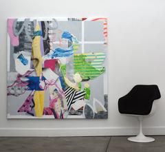 Casa de papel - animada, abstracta, collage, acrílico y pintura en aerosol sobre lienzo