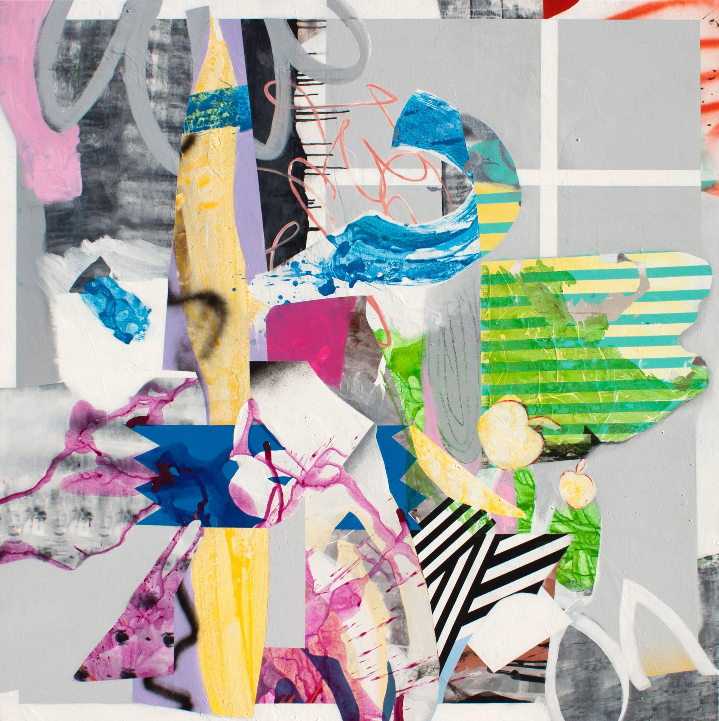 Abstract Painting di Fiona Ackerman - Casa di carta - vivace, astratto, collage, acrilico e vernice spray su tela