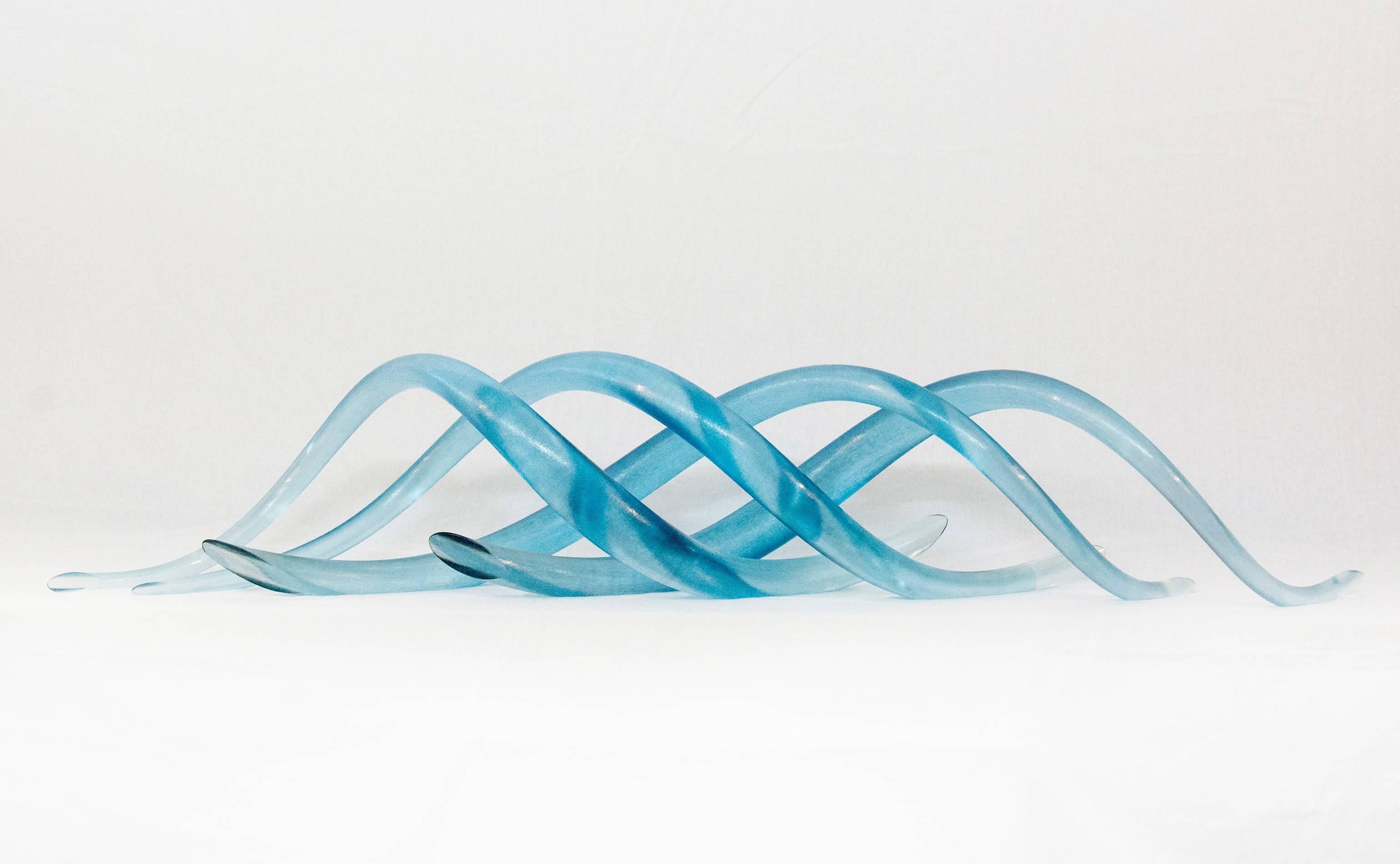 John Paul Robinson Abstract Sculpture - East Wind - blue, translucent, flowing, glass, intersecting tabletop sculpture