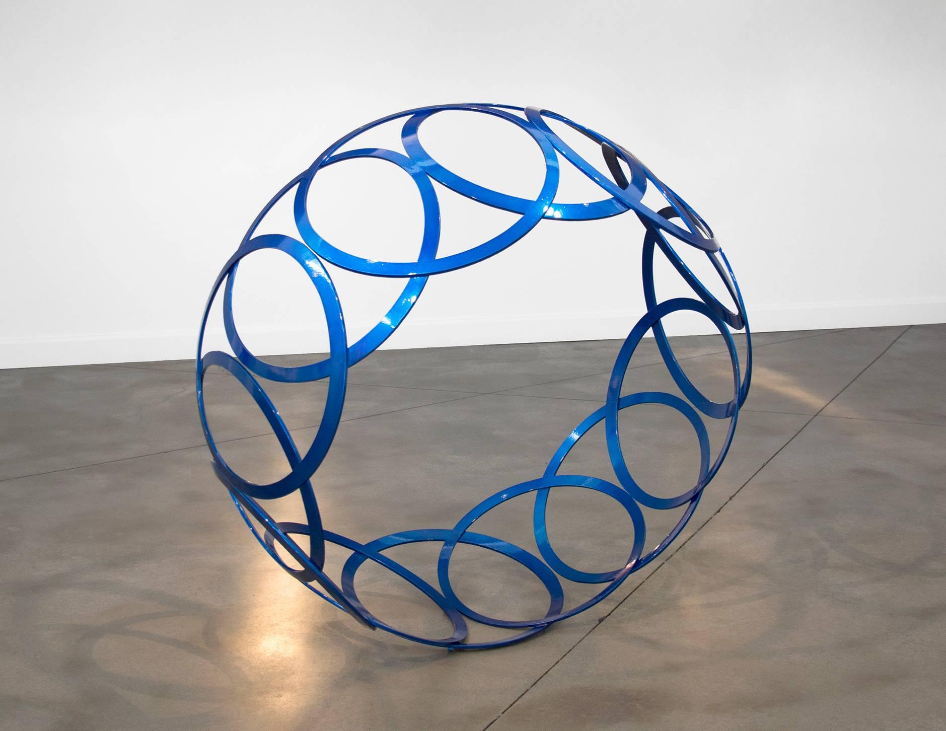 Circular Motion - large, bright blue, geometric abstract, coated steel sculpture