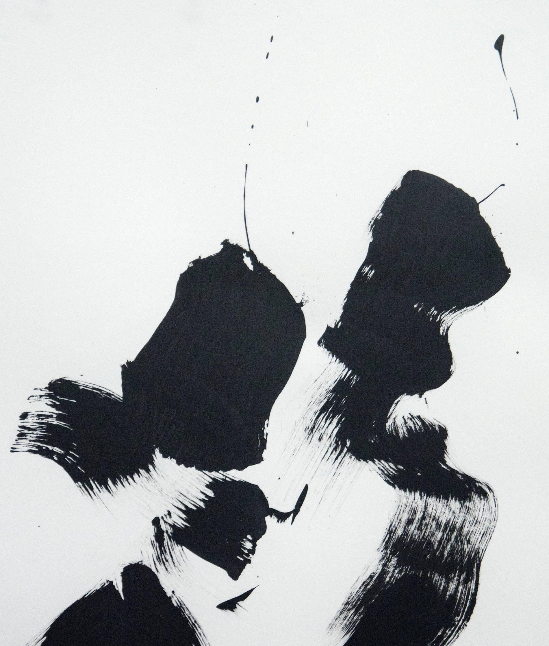 Off the Leash - black & white, minimalist, figurative abstract, ink on paper - Contemporary Painting by Lynne Fernie