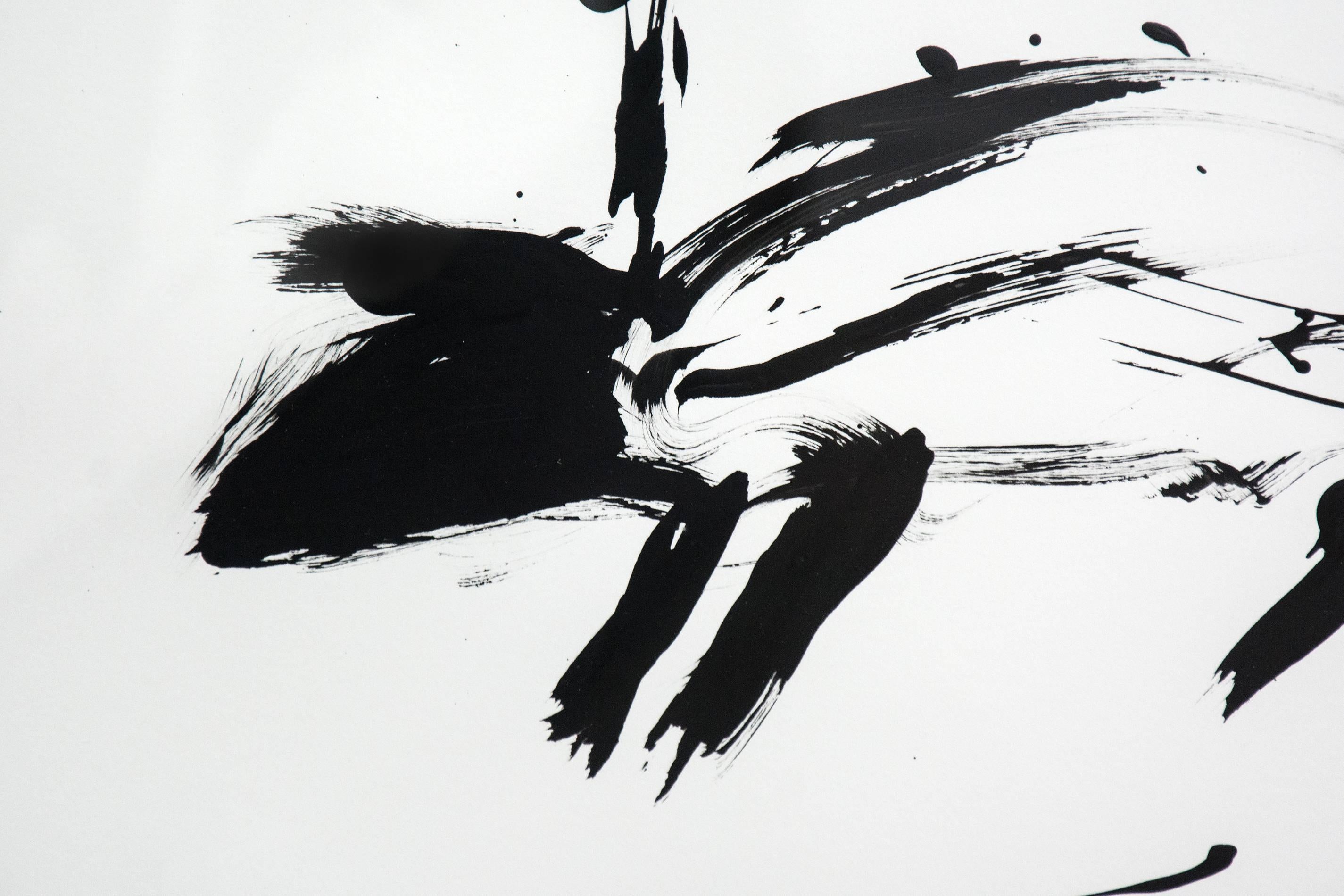Drei schwarze Pinselstriche, die den Grund darstellen, und schnelle schwarze Striche, geträufelt und gebürstet, bilden das Profil eines Hundes, dessen Leine auf diesem Werk auf Papier nach oben fliegt. Freilaufende Parks in Toronto, in denen Hunde