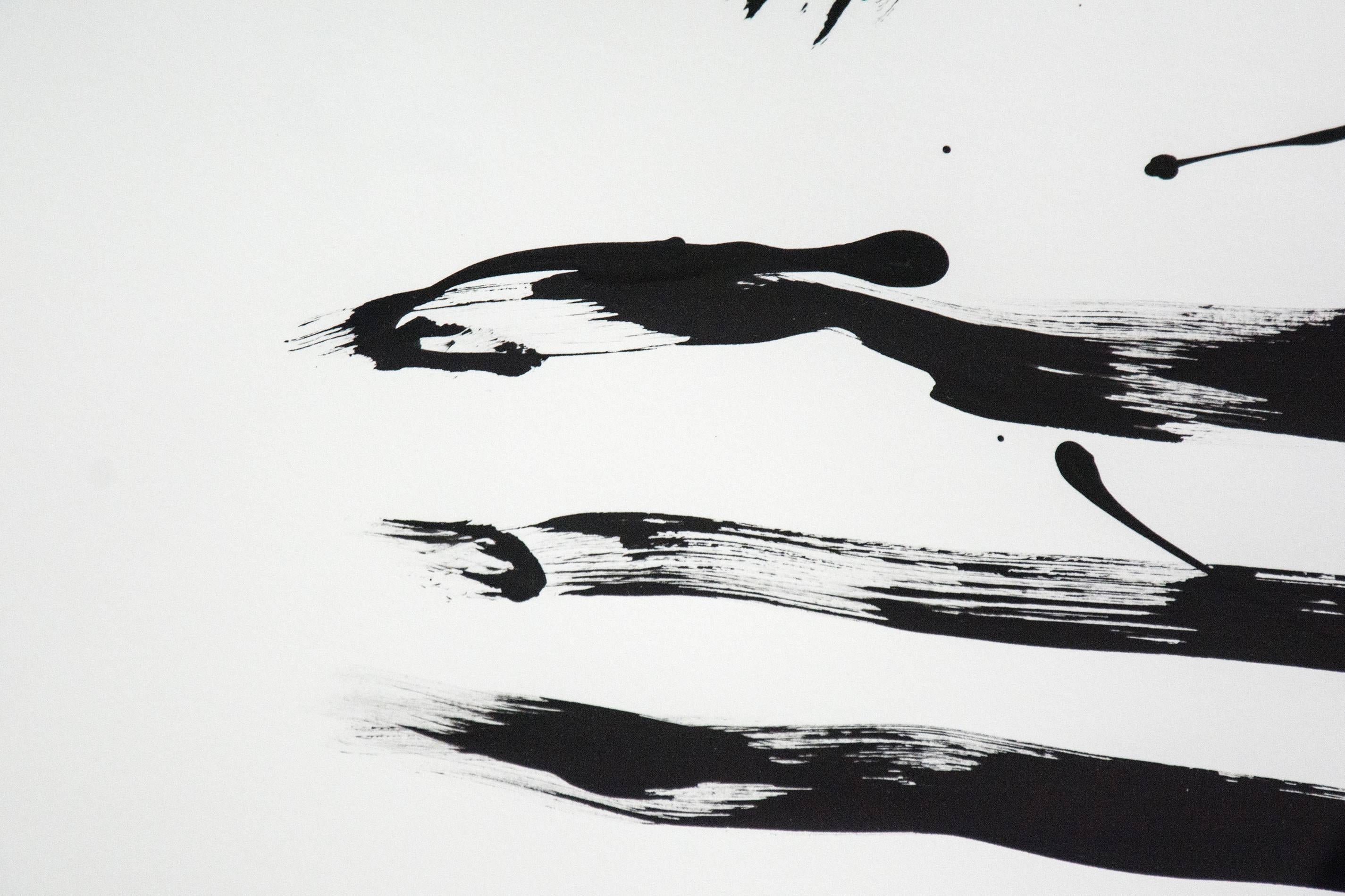 Three black brushstrokes representing ground and rapid dashes of black, drizzled and brushed form the profile of a dog, his leash flying upwards in this work on paper. Off leash parks in Toronto where dogs run free, are places of joy for pets and