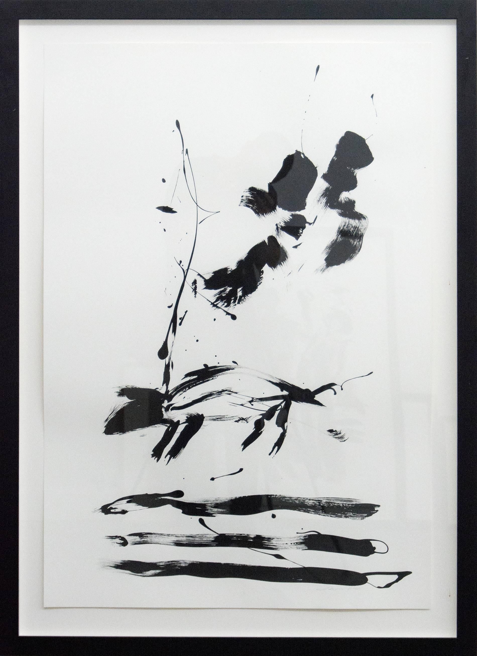 Lynne Fernie Animal Painting - Off the Leash - black & white, minimalist, figurative abstract, ink on paper