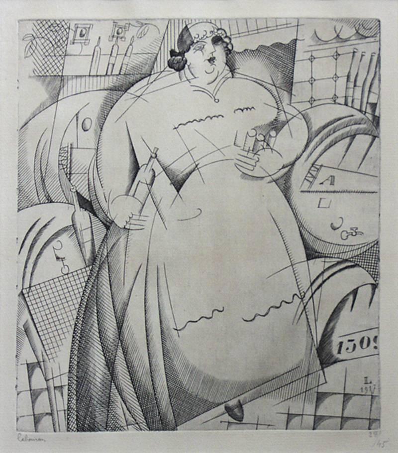 Jean-Emile Laboureur Figurative Print - La Cabaretiere obese (The Fat Tavern Keeper)