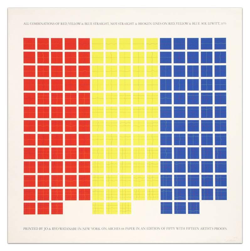 Sol LeWitt Abstract Print - All Combinations of Red, Yellow, and Blue Straight & Broken Lines on Red, Yellow