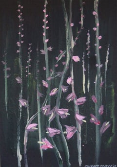 Jardín nocturno con malvas, acrílico abstracto sobre papel negro, tamaño A5