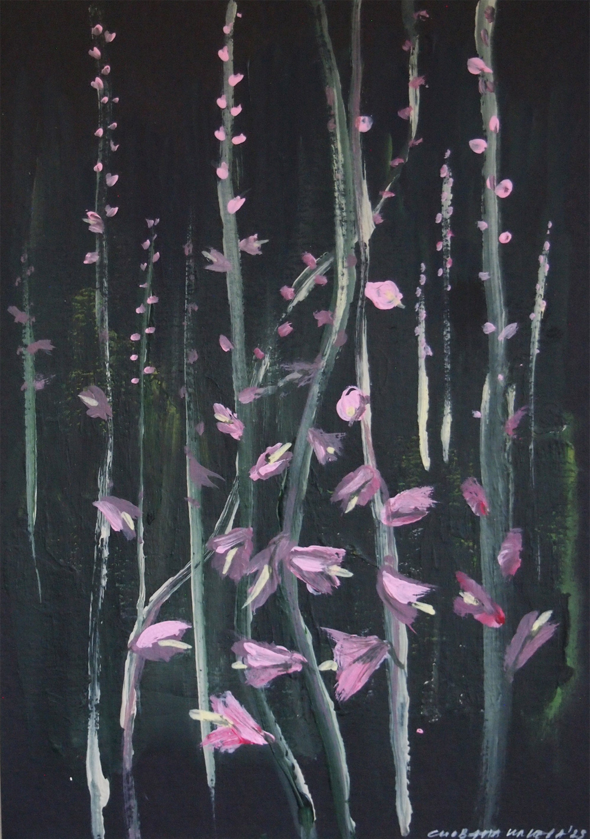 Abstract Painting Silvana Ilieva - Jardin nocturne aux roses trémières, peinture acrylique abstraite sur papier noir, format A5