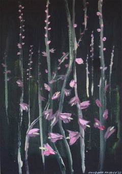 Jardín nocturno con malvas, acrílico abstracto sobre papel negro, tamaño A5
