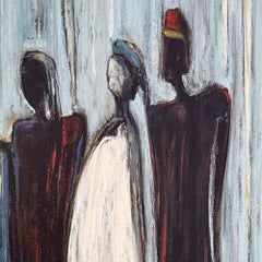 "Observance": Acrilico su tela, astratto figurativo, blu, ocra, 30 pollici x 40 pollici