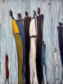 "Observance": Acrilico su tela, astratto figurativo, blu, ocra, 30 pollici x 40 pollici