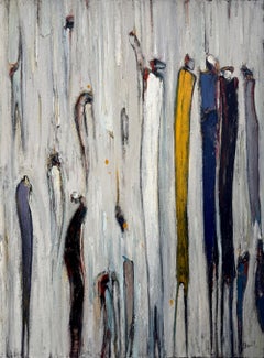 Connection 2: Acrilico figurativo-astratto su tela, ocra, blu navy, 30 x 40 pollici