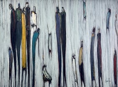 Anime innamorate: acrilico figurativo-astratto su tela, indaco, verde acqua, 30 x 40 pollici