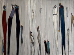 "Meant To Be": Acrilico figurativo-astratto su tela, verde acqua e grigio, 36 x 48 pollici