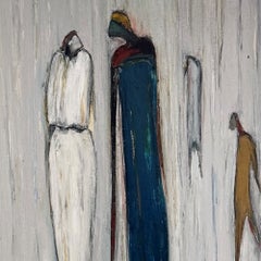 "Meant To Be": Acrilico figurativo-astratto su tela, verde acqua e grigio, 36 x 48 pollici