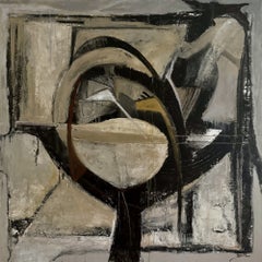 «Silent Reverie» - Pintura abstracta en acrílico sobre lienzo, negro, beige y gris, 36 pulgadas x 36 pulgadas