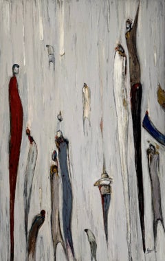 «Soulmates 6»: Pintura acrílica figurativa y abstracta sobre lienzo, rojo, azul marino, 30 x 48 pulgadas