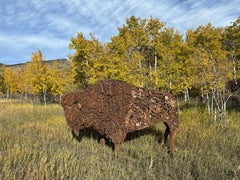 Scultura di bisonte - Grande scultura in metallo per esterni - Oggetto di recupero saldato in ferro