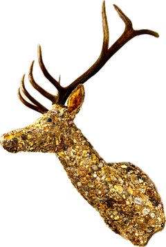 Golden Boy sSculptural Faux Elk Mount Collage Assemblage with Gold Jewerly