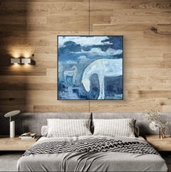"What Dreams May Come", dipinto a olio in stile impressionista occidentale raffigurante un cavallo, dai toni blu, di Kainz