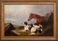 Cani da caccia/Setter inglesi e cavallo dopo la caccia al gallo cedrone, datato 1894 C