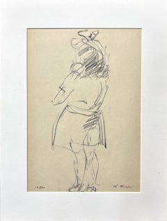 French Mid-Century Charcoal Figure Drawing of a Young Girl on Paper, Signed 1950