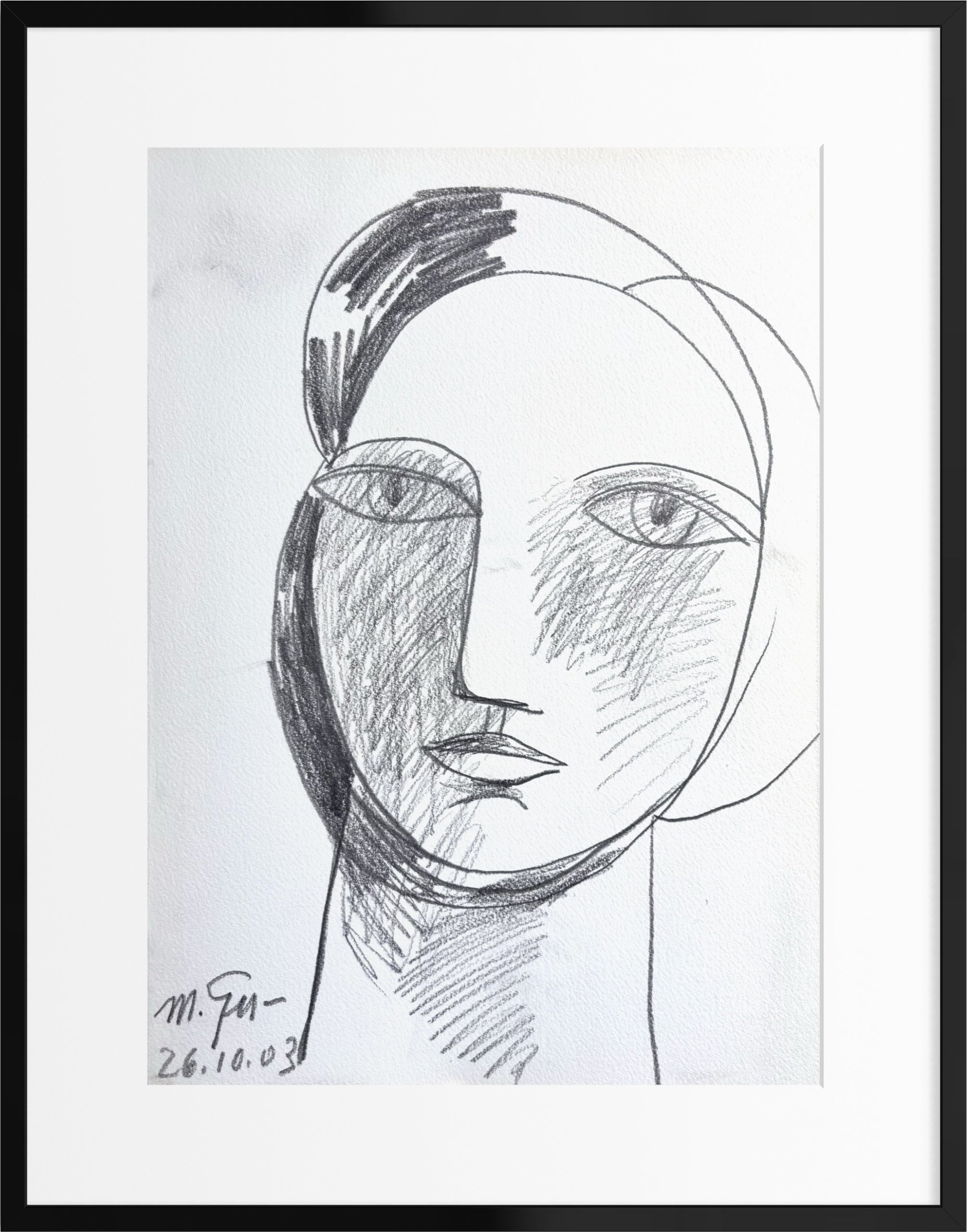 Kubistisches Frauenporträt – Graphitzeichnung auf Papier, modernistische figurative Kunst, 2003