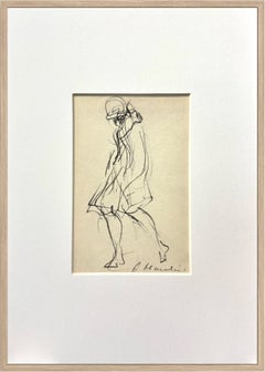 French Mid-Century Figurative Charcoal Drawing, Elegant Woman in Hat and Dress