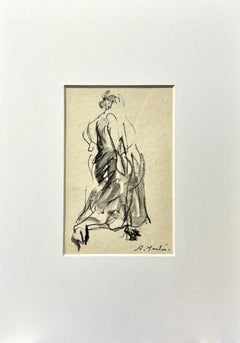 Disegno di una figura femminile francese della metà del secolo, a carboncino e inchiostro su carta, 1950 circa