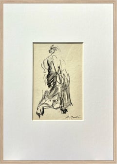 Mid-Century French Female Figure Drawing in Charcoal and Ink on Paper, c. 1950