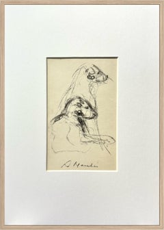 Mid-Century French Charcoal Drawing of Two Dogs on Paper, Signed, circa 1950
