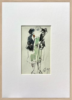 Mid-Century French Charcoal and Ink Drawing of an Elegant Woman in Hat and Dress