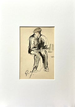 Mid-Century French Figurative Drawing of a Seated Man in Charcoal and Watercolor