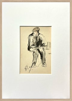 Mid-Century French Figurative Drawing of a Seated Man in Charcoal and Watercolor