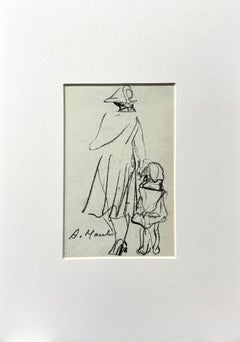 Original Mid-Century French Charcoal Drawing of a Mother and Daughter on Paper