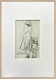 Original Mid-Century French Charcoal Drawing of a Mother and Daughter on Paper