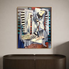 Modern Cubist Oil Painting on Canvas, Geometric Abstract Composition