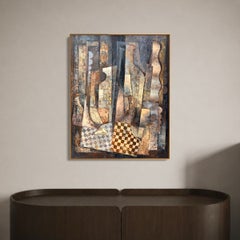 Polish Cubist-Inspired Abstract Oil Painting on Canvas, Warm Tones, circa 1990