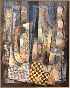 Polish Cubist-Inspired Abstract Oil Painting on Canvas, Warm Tones, circa 1990