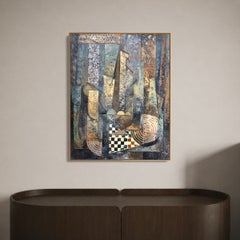 Cubist Abstract Oil Painting on Canvas, Geometric Architecture, Warm Earth Tones