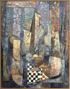 Cubist Abstract Oil Painting on Canvas, Geometric Architecture, Warm Earth Tones