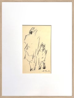 French Charcoal Drawing of Woman and Child, Mid-Century Figurative Art on Paper