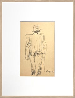 French Charcoal Drawing of a Man in a Hat and Suit, Mid-Century Figure Study