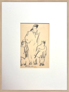 Mid-Century French Charcoal Drawing of an Adult and Two Children, dated c. 1950
