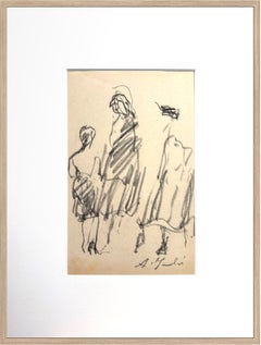 Historische französische figurative Kohlezeichnung von drei Figuren auf Papier, um 1950